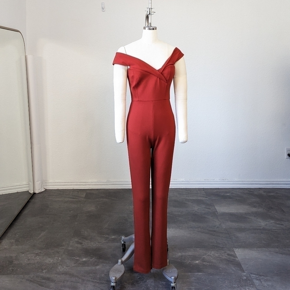 Miss Circle Off Shoulder Slim Leg Knit Jumpsuit Red Brown M party cocktail - Picture 1 of 9